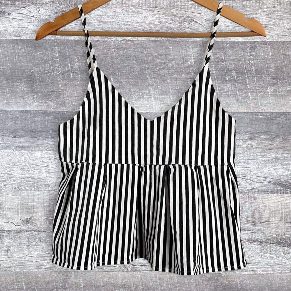 Shein V Neck Striped Babydoll Peplum Tank Juniors L Black White Cropped Top
